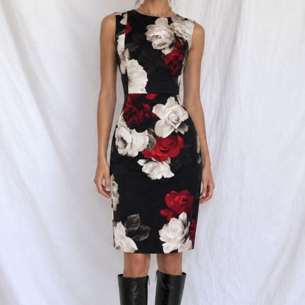 Vintage Y2K Black White Floral Sleeveless Knit Knee Length Bodycon Dress Size M